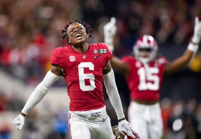 Alabama Crimson Tide defensive back Khyree Jackson (6) celebrates against the Georgia Bulldogs in the 2022 CFP college football national championship game at Lucas Oil Stadium.